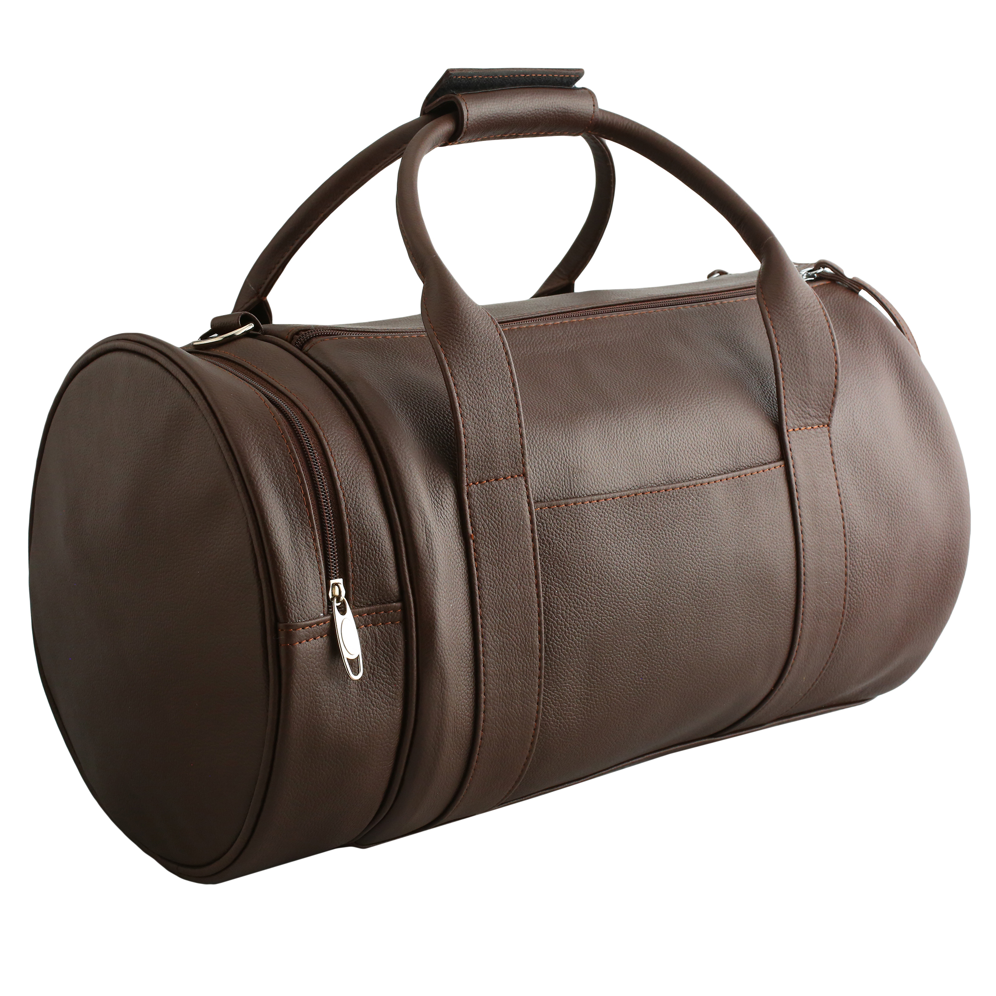 Brown leather duffle bag with handles and zipper closure on white background